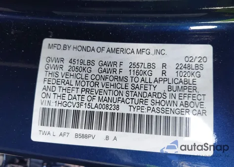 2020 Honda Accord z USA, uszkodzony, nr VIN 1HGCV3F15LA008238